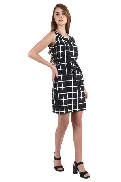 Women's Sheath Checkered Print Mini Knee Length Dress (Black, XXL) (MS_0089)