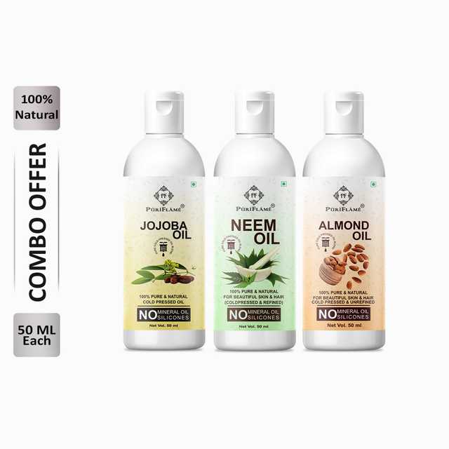 Puriflame Pure Jojoba Oil (50 ml), Neem Oil (50 ml) & Almond Oil (50 ml) Combo for Rapid Hair Growth (Pack of 3) (B-11536)