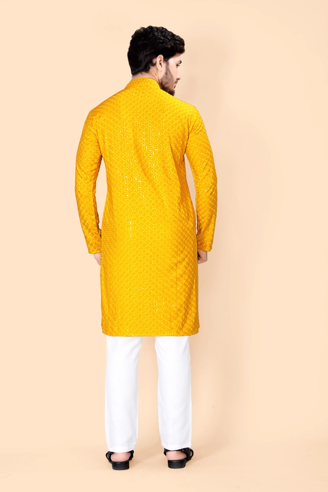 Cotton Blend Embroidered Kurta for Men (Mustard, S)