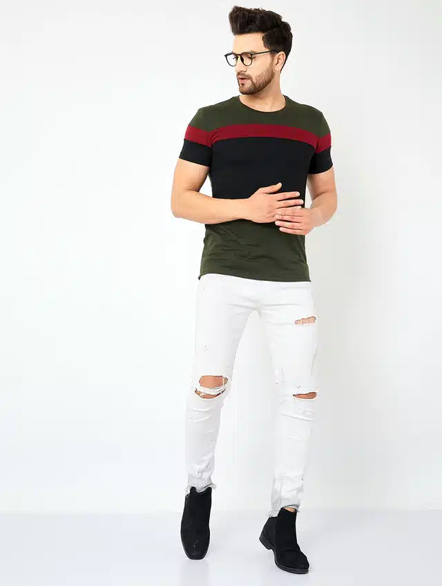 Men's Color Blocked Casual T-shirt (Olive Green, S)