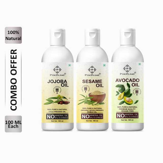 PuriFlame Pure Jojoba Oil (100 ml) & Sesame Oil (100 ml) & Avocado Oil (100 ml) Combo For Rapid Hair Growth (Pack Of 3) (B-5294)