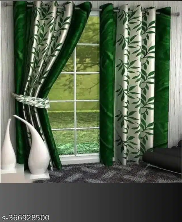 Polyester Curtains for Door (Green, 7 Feet) (Pack of 2)