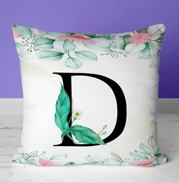 Colorful Floral Alphabet Letter D Printed Cushion Cover with Filler (Black, 12x12 Inch) (GT-1042)
