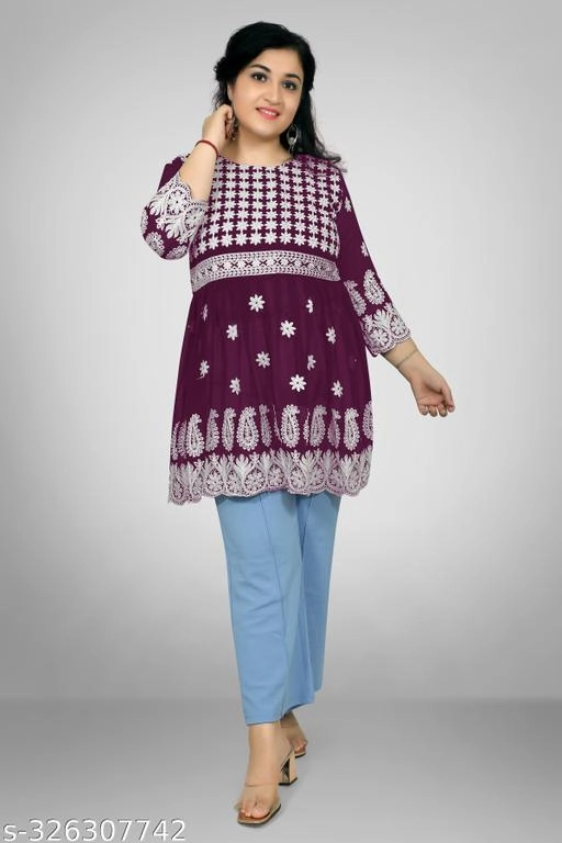 Georgette Chikankari Top for Women (Purple, XL)