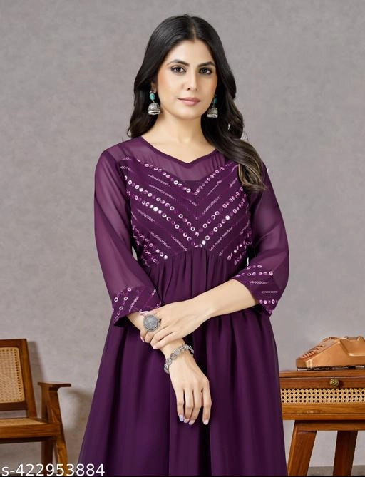 Georgette Embroidered Anarkali Kurti with Pant for Women (Purple, S)