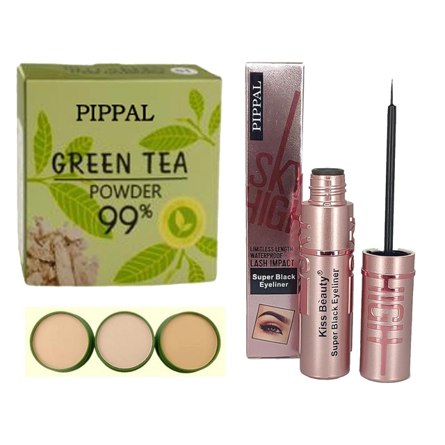 Pippal Green Tea Powder Compact (20 g) with Sky High Eyeliner (6 ml) (Set of 2)