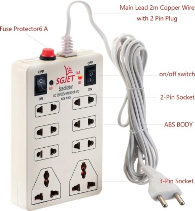 SGJET 8 Socket 2 Switchs Extension Board -  (White, 2 mtr, pack of 1)