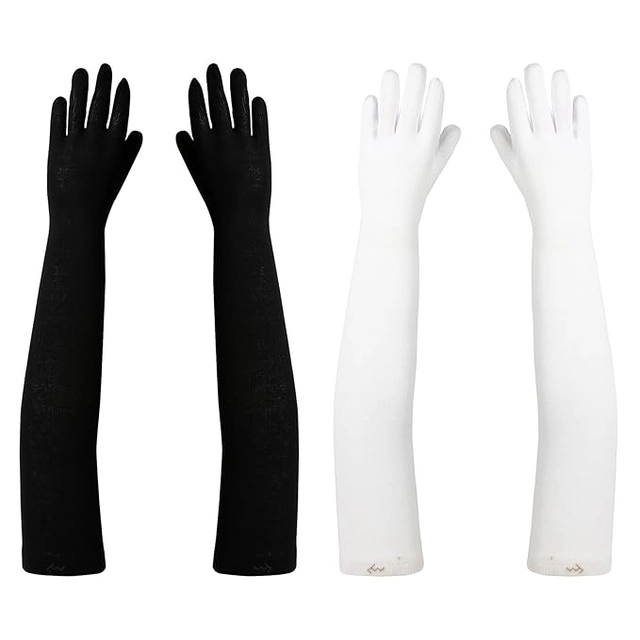 Cotton Solid Full Hand Gloves for Men & Women (Black & White, Set of 2)