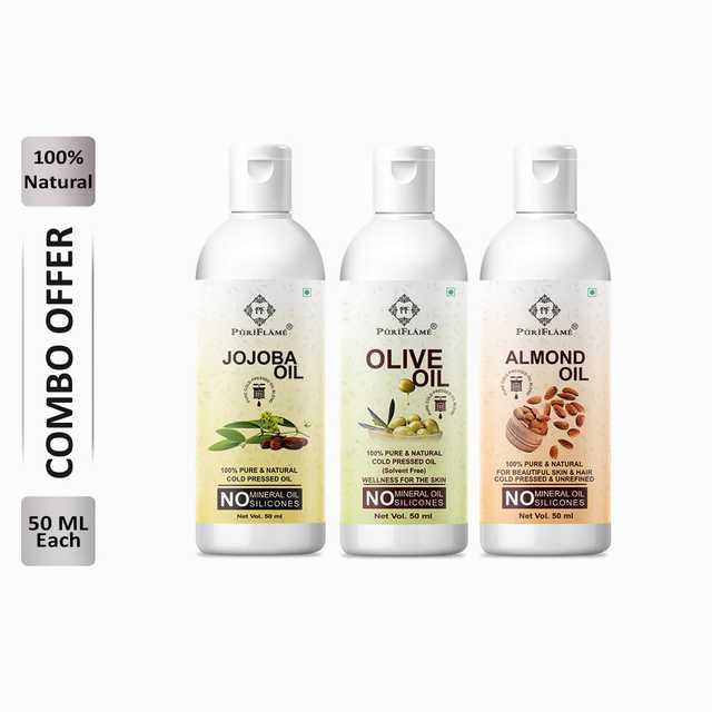 Puriflame Pure Jojoba Oil (50 ml), Olive Oil (50 ml) & Almond Oil (50 ml) Combo for Rapid Hair Growth (Pack Of 3) (B-11553)