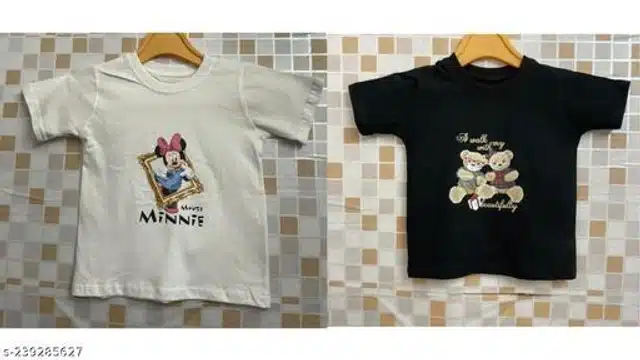 T-Shirts for Girls (White & Black, 1-2 Years) (Pack of 2)