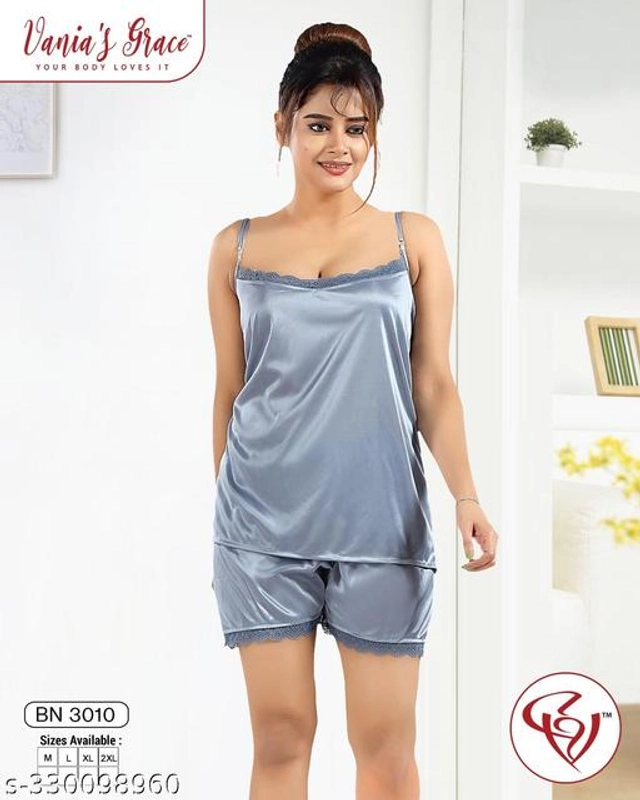 Satin Nightsuit for Women (Silver, M)