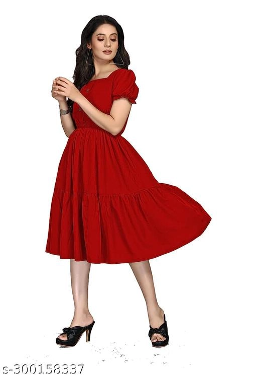 Crepe Solid Dress for Women (Red, S)