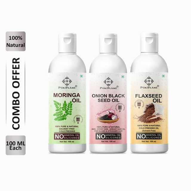 PuriFlame Pure Moringa Oil (100 ml) & Onionblackseed Oil (100 ml) & Flaxseed Oil (100 ml) Combo For Rapid Hair Growth (Pack Of 3) (B-5587)