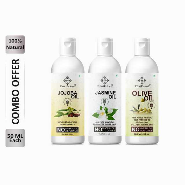 Puriflame Pure Jojoba Oil (50 ml), Jasmine Oil (50 ml) & Olive Oil ( 50 ml) Combo for Rapid Hair Growth (Pack Of 3) (B-11512)