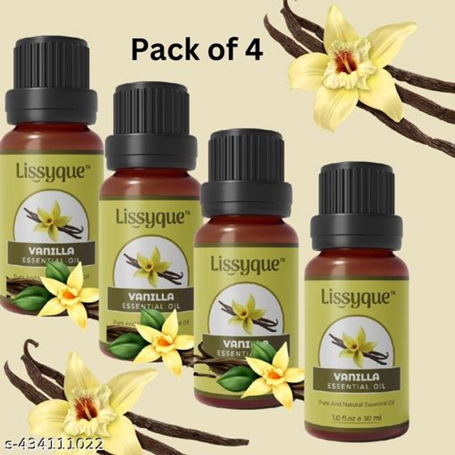  Lissyque Essential Vanilla Essential Oil For Face, Hair Growth, Skin Whitening & Lightening, Nails, Home Cleaning, Soap Making, Lips, Diffuser & Aromatherapy. 100% Natural, Undiluted, Pure & Therapeutic Grade Essential Oil, 30 ml (pack of 4)