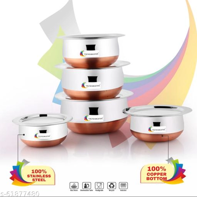 Stainless Steel Copper Bottom Handi Pot Set with Lid (Silver, Set of 5)