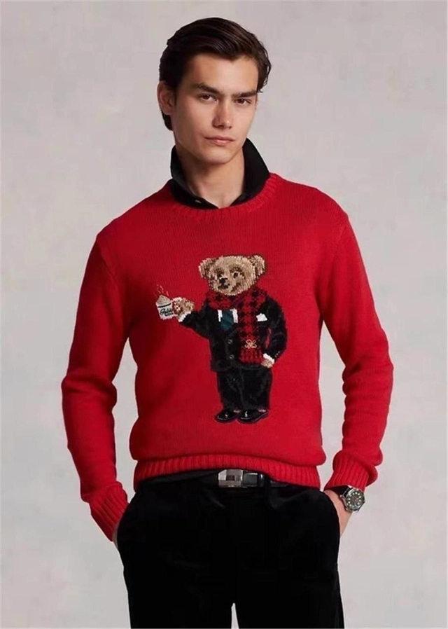 Woolen Embellished Round Neck Sweater for Men (Red, M)