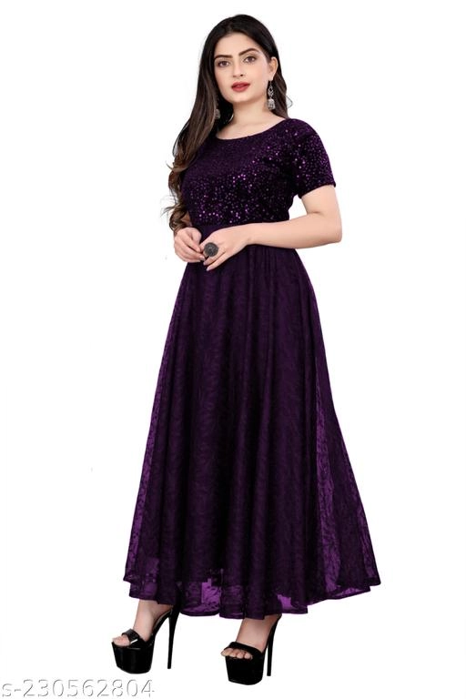 Net Embellished Gown for Women (Wine, S)