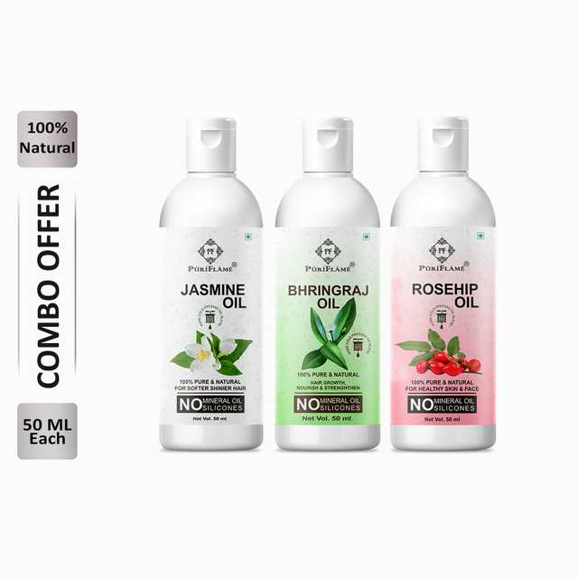 Puriflame Pure Jasmine Oil (50 ml), Bhringraj Oil (50 ml) & Rosehip Oil (50 ml) Combo for Rapid Hair Growth (Pack of 3) (B-11107)