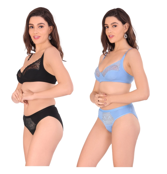 Cotton Blend Solid Non Padded Lingerie Set for Women (Multicolor, 30) (Pack of 2)