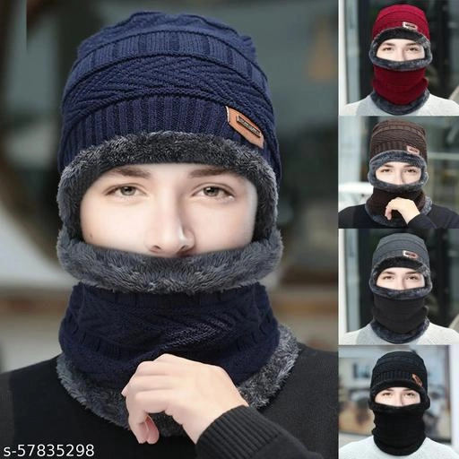 Woolen Cap with Neck Warmer for Men (Multicolor, Set of 1)