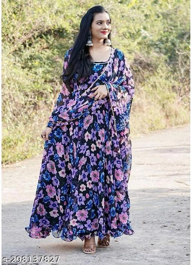 Georgette Printed Gown with Dupatta for Women (Blue, S)