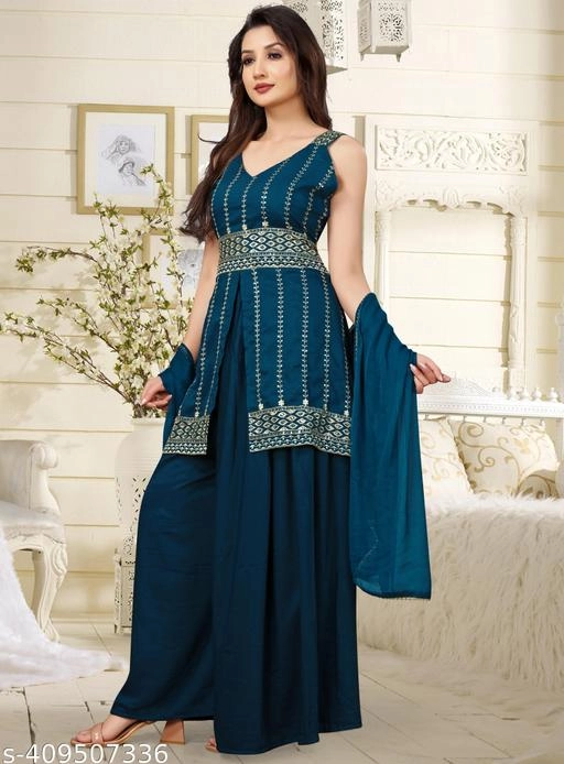 Rayon Embroidered Kurti with Sharara & Dupatta for Women (Teal, S)