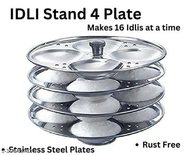 Stainless Steel 4 Plate Idli Maker with Tadka Pan (Silver, Set of 2)