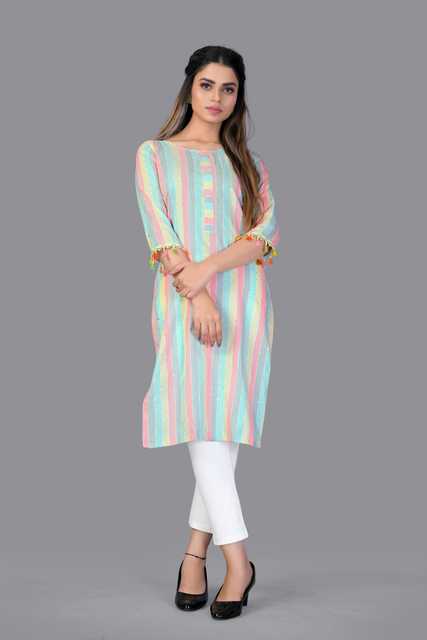 Good Looking Heavy Cotton Fabric With Heavy Sequence Ladies Kurti  (Aqua Blue, S) (A-40)