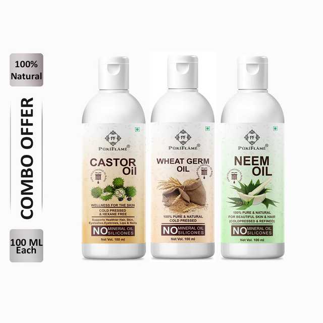 PuriFlame Pure Castor Oil (100 ml) & Wheat Germ Oil (100 ml) & Neem Oil (100 ml) Combo For Rapid Hair Growth (Pack Of 3) (B-3630)