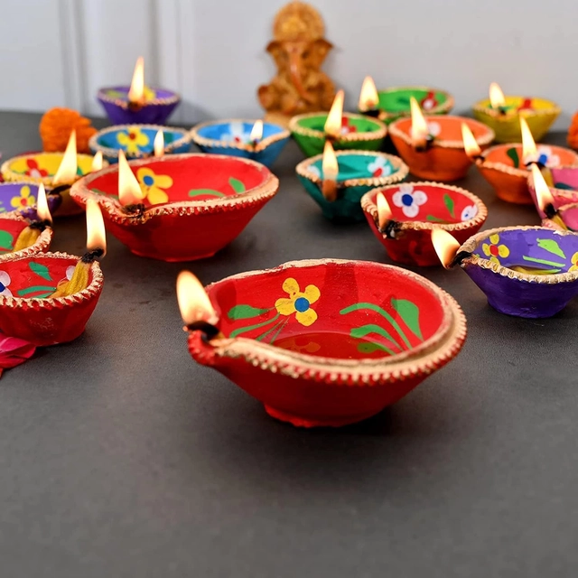 Natural Clay Handcrafted Diya (Multicolor, Pack of 6)