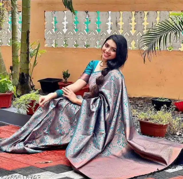Banarasi Silk Woven Saree for Women (Teal, 6.3 m)