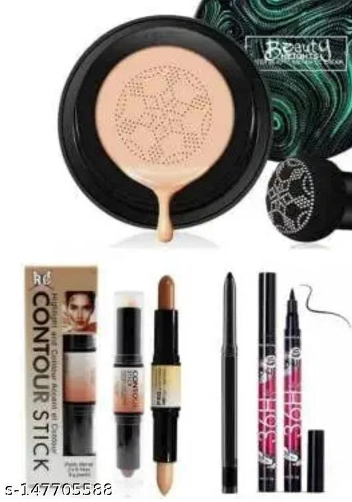 2 in 1 Contour Stick, Sunisa Air Cushion Foundation, Kajal & 2 Pcs Eyeliner (Multicolor, Set of 5)