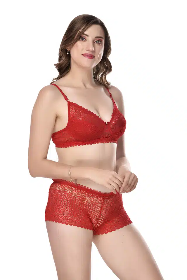 Women's Bra and Panty Set (Red & Pink, 30) (Set of 2) (F-2232)