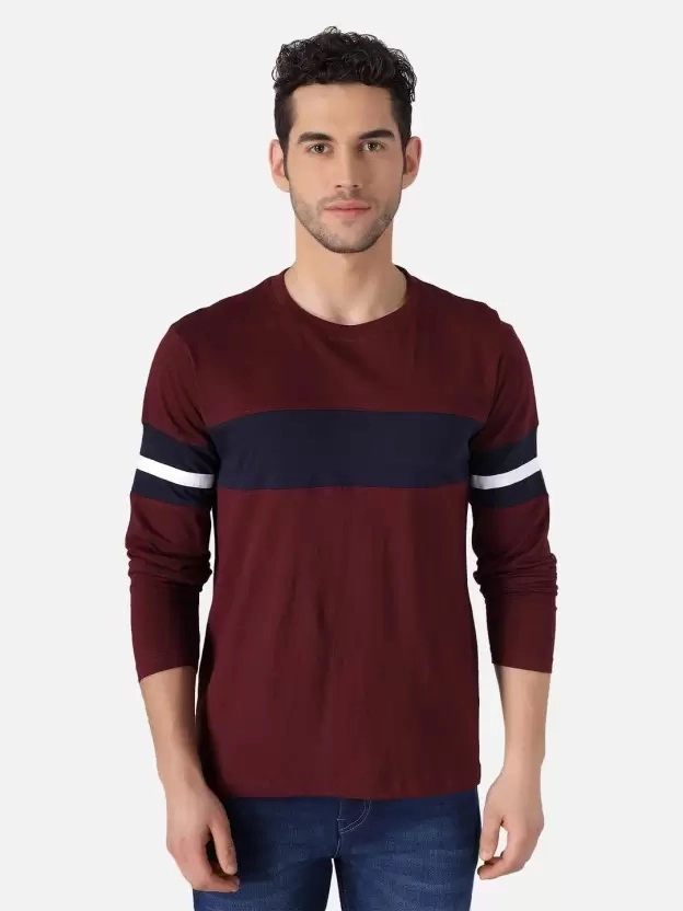 Round Neck Colorblocked T-Shirt for Men (Maroon & Blue, S)