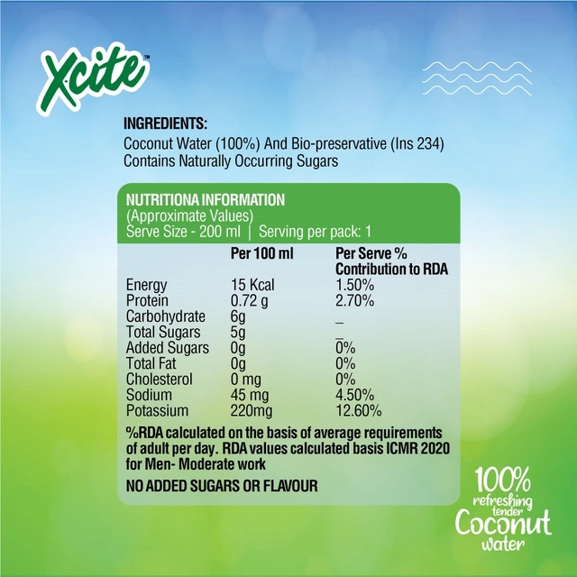 X-Cite 100% रिफ्रेशिंग टेंडर कोकोनट वॉटर 200 ml (Pet Bottle)