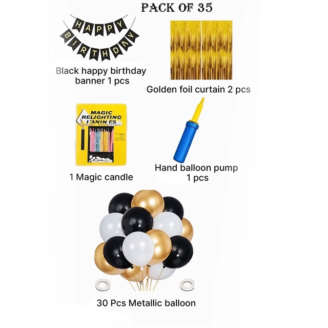 Happy Birthday Combo Kit with Happy Birthday Black Banner + 2 Golden Curtain + Golden Black And silver Hd Metallic Balloon Pack Of 30 + And Megic Candle+Ribben+Pump Free For Decoration Item (Kit 35 pcs)