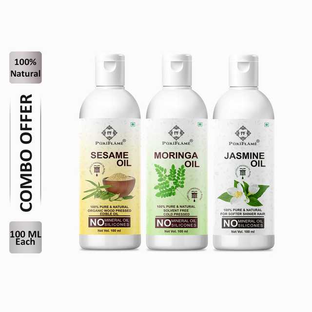 PuriFlame Pure Sesame Oil (100 ml) & Moringa Oil (100 ml) & Jasmine Oil (100 ml) Combo For Rapid Hair Growth (Pack Of 3) (B-7605)