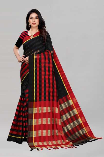 Cotton Linen Banarasi Saree With Unstitched Blouse (Black, 5.5 mtr) (EL-115)