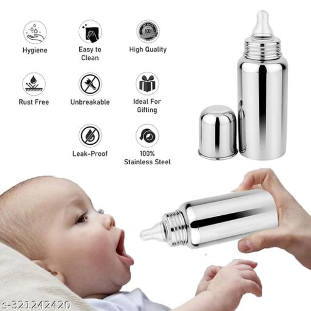 Stainless Steel Milk Bottle (250 ml) with Rattle Toy for Baby (Multicolor, Set of 2)