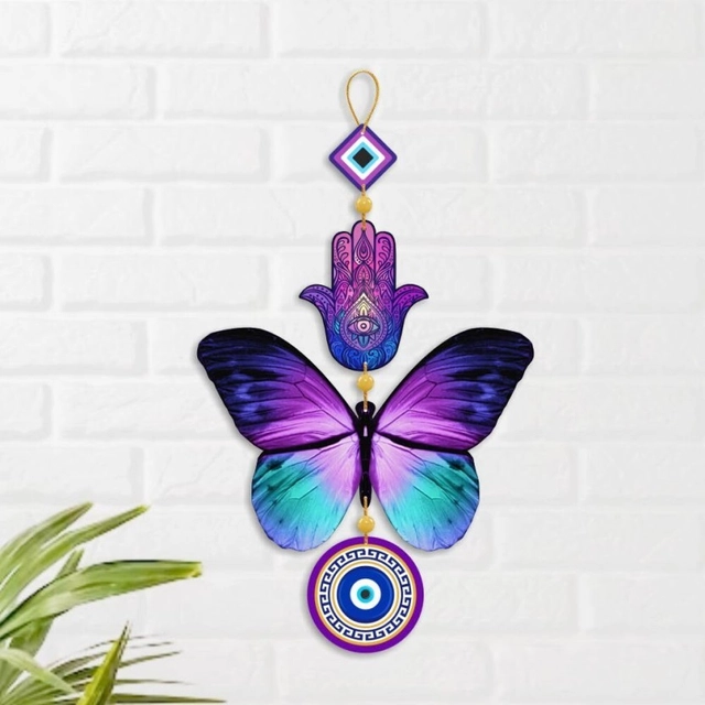 Khatu Crafts Butterfly Evil Eye Wooden Wall Hanging For Home Decor | Wall Accents (WH039) (15 inch X 10 inch, Multicolor)