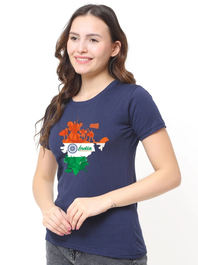 Cotton Round Neck Independence Day Printed T-Shirt for Women  (Navy Blue, S )