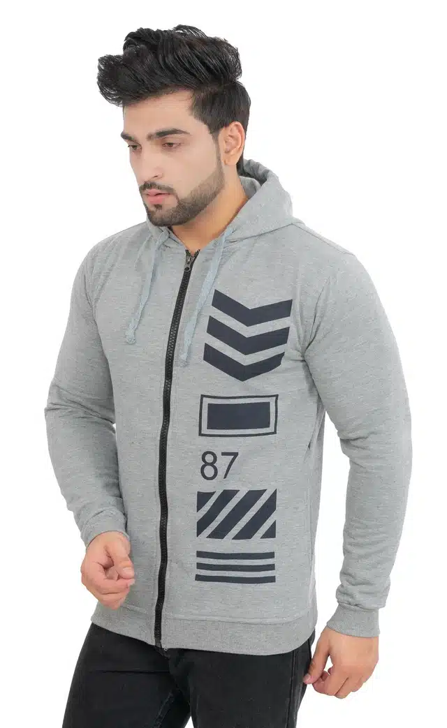 Men's Printed Hooded Sweatshirt (Grey, XXL) (SS-18)