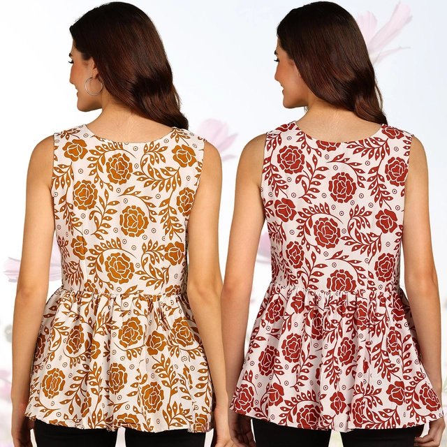 Rayon Printed Flared Top for Women (Mustard & Red, S) (Pack of 2)