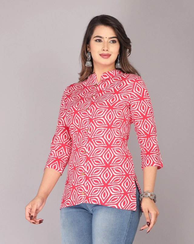 Viscose Rayon Printed Short Kurti for Women (Red, XS)