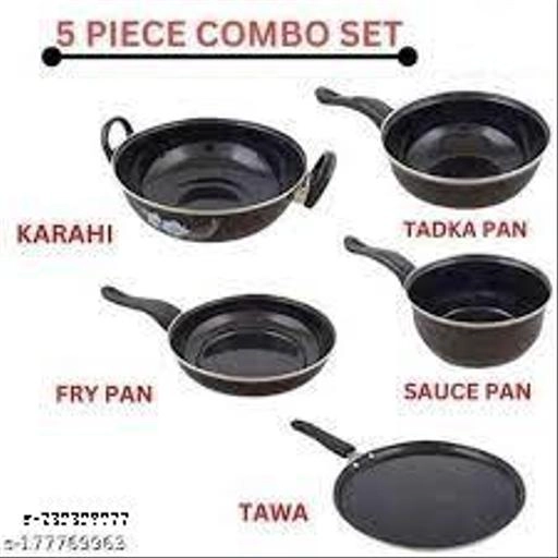 Combo of Sauce Pan, Tadka Pan, Fry Pan, Tawa & Kadai (Black, Set of 5)