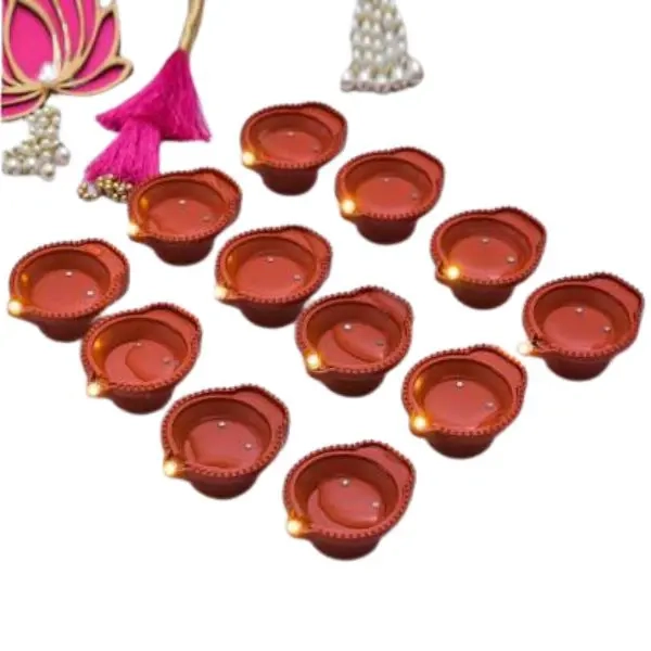 Plastic Traditional Water Sensor LED Diya for Diwali (Brown, Pack of 12)