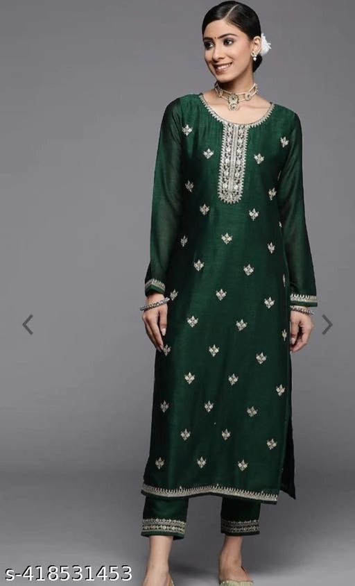 Silk Blend Embroidered Kurti for Women (Green, XS)