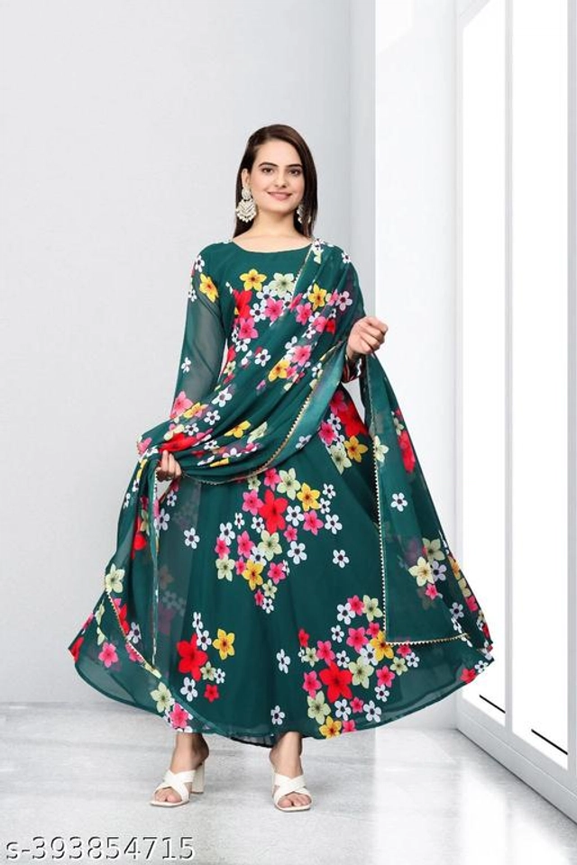 Georgette Printed Gown with Dupatta for Women (Bottle Green, S)