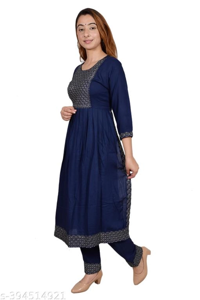 Rayon Embellished Kurti with Pant for Women (Blue, S)